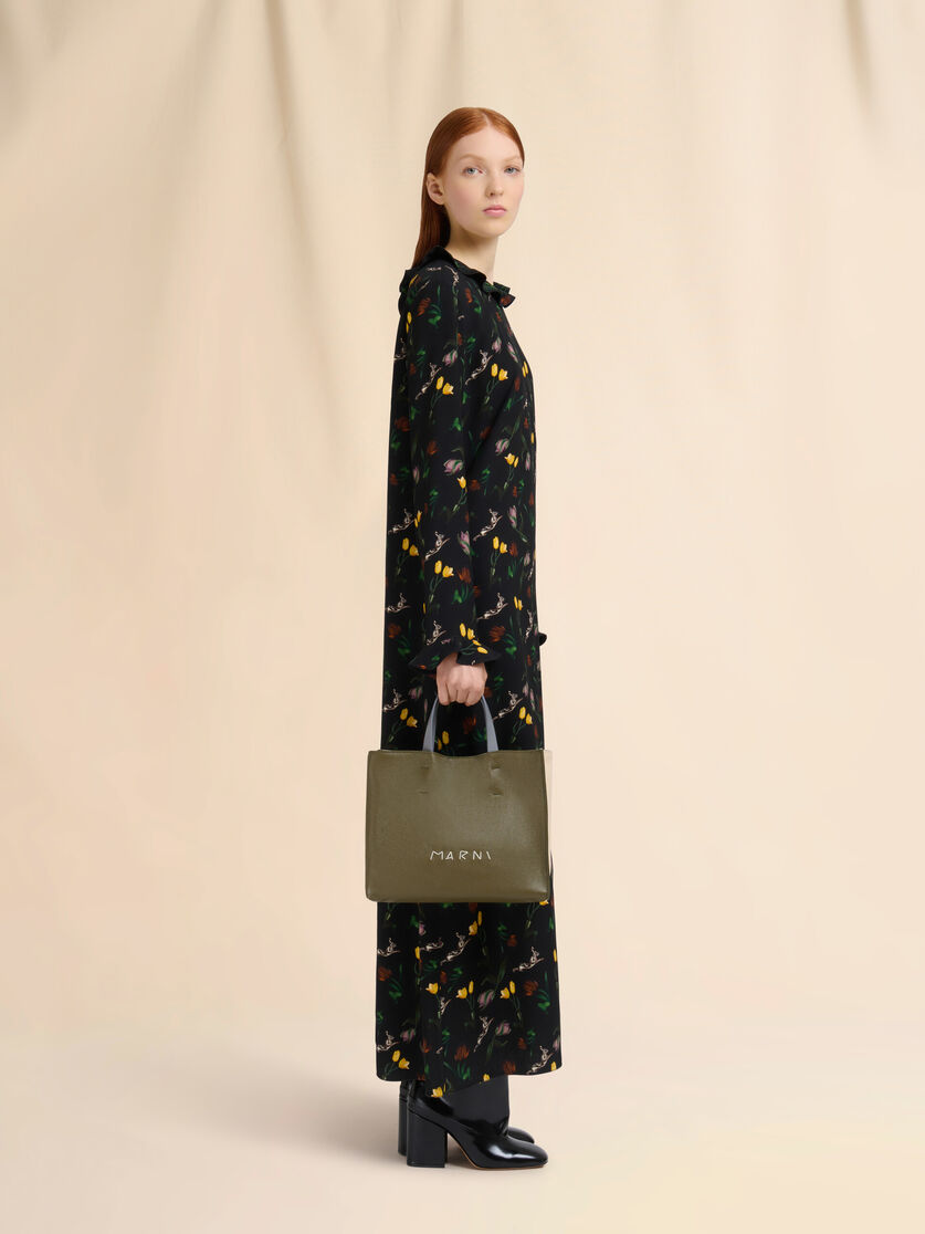 Stutterheim X Marni Deep Green Cream And Blue Leather Museo Soft Tote Bag With Marni Mending