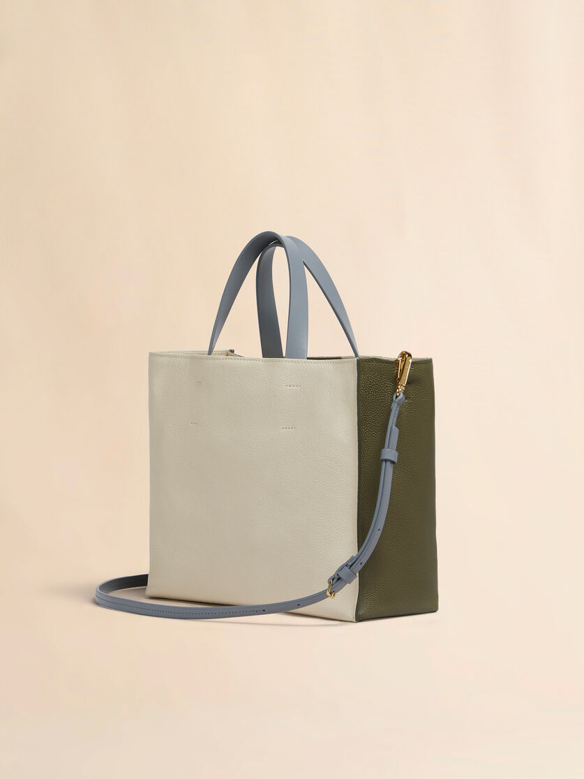 Stutterheim X Marni Deep Green Cream And Blue Leather Museo Soft Tote Bag With Marni Mending