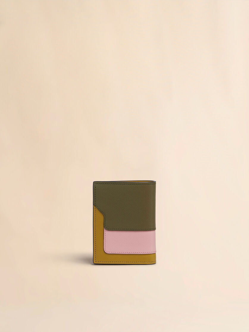 Stutterheim X Marni Deep Green Pink And Mustard Saffiano Leather Bi-fold Wallet