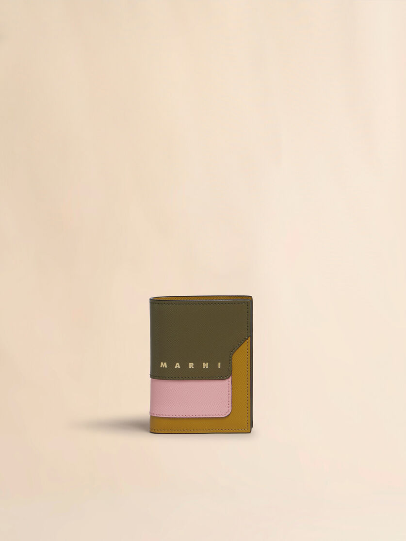 stutterheim x marni Deep green pink and mustard saffiano leather bi-fold wallet