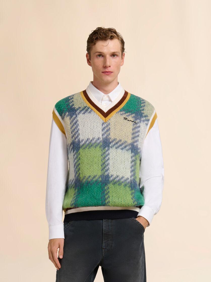 Stutterheim X Marni Green Checked Mohair Vest With Striped Trims