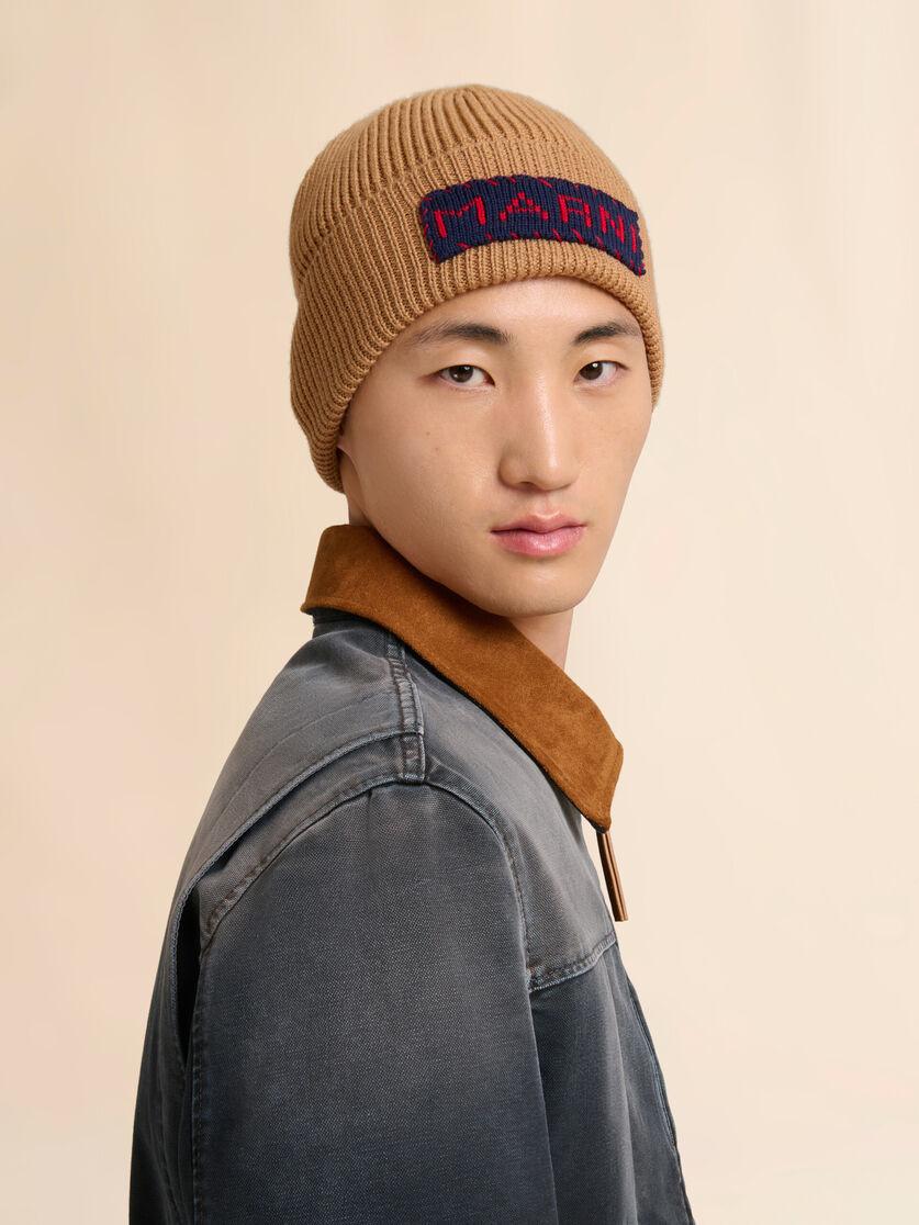 Stutterheim X Marni Tan Wool Fisherman's Rib Beanie With Marni Patch