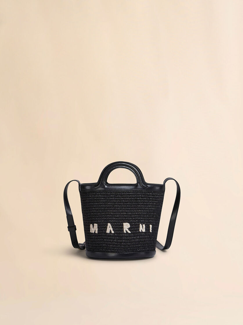 stutterheim x marni Tropicalia Small Bucket Bag in black leather and raffia-effect fabric