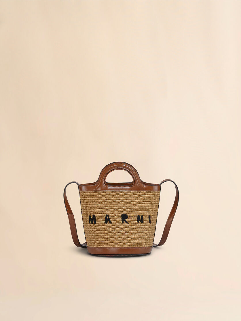 stutterheim x marni Tropicalia Small Bucket Bag in brown leather and raffia-effect fabric