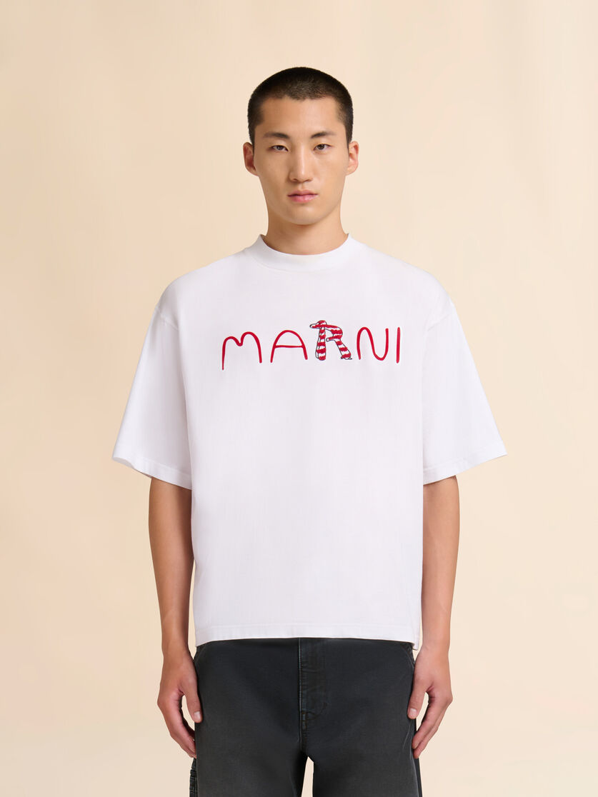 Stutterheim X Marni White Cotton T-shirt With Flocked Marni Animal Alphabet Logo