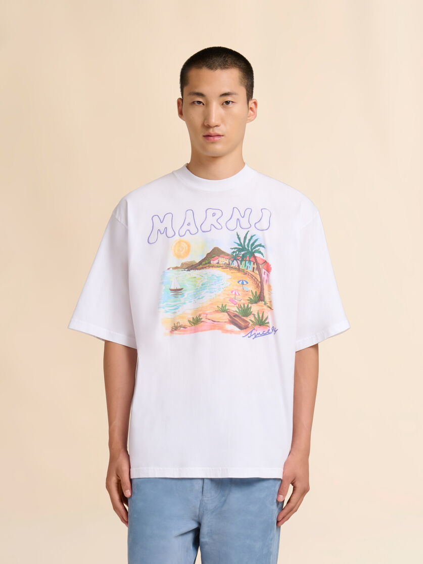 Stutterheim X Marni White Cotton T-shirt With Marni Beach Postcard Print