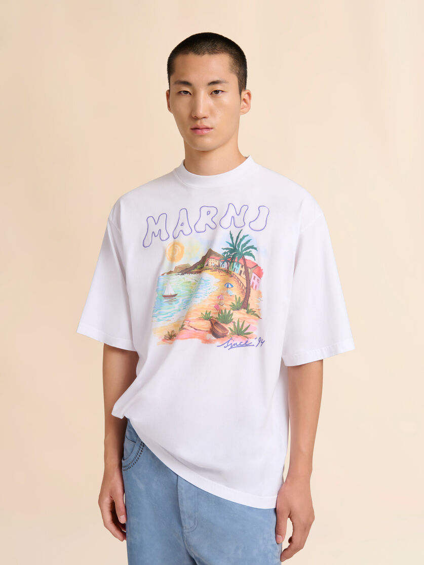 Stutterheim X Marni White Cotton T-shirt With Marni Beach Postcard Print