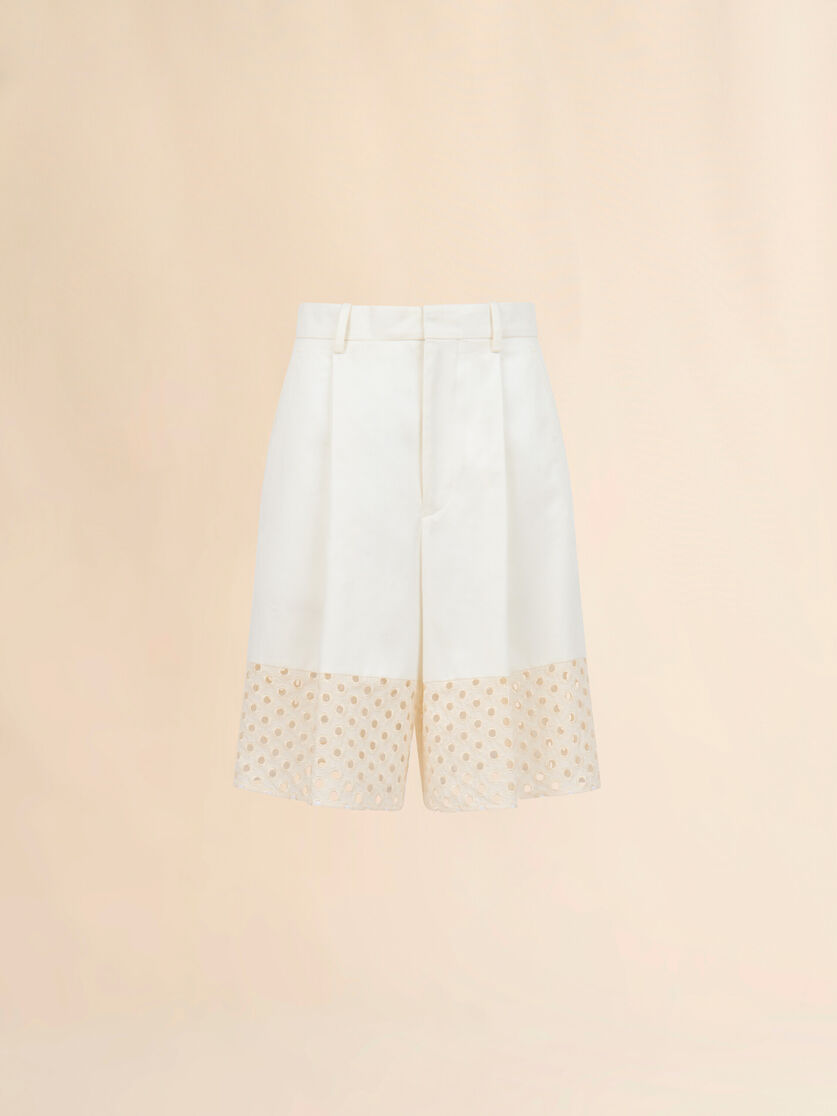 stutterheim x marni White gabardine shorts with broderie anglaise panels
