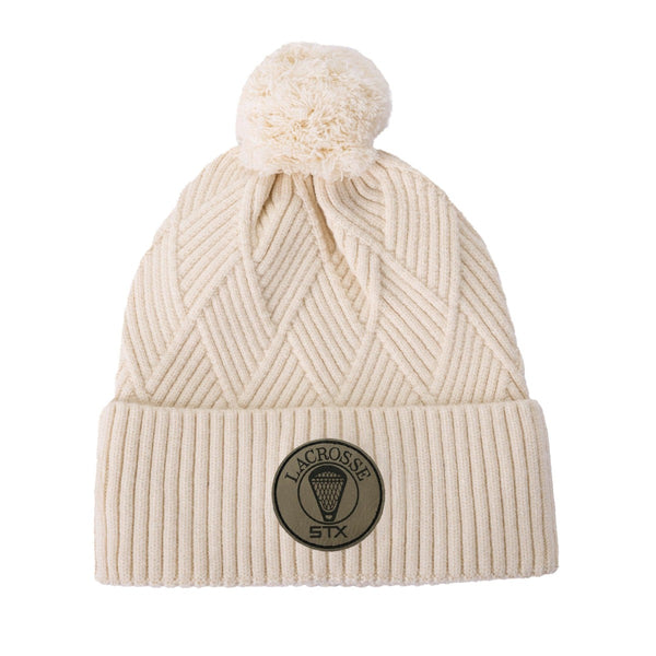stx Ivory Weave Knit Hat with Leather STX Patch