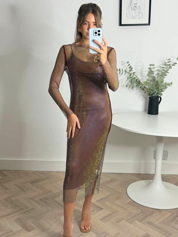 Style Cheat Aphina Diamante Mesh Maxi Dress In Chocolate
