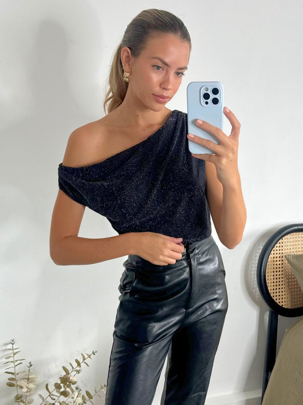 Style Cheat Ashton Metallic Lurex Slinky Top In Black