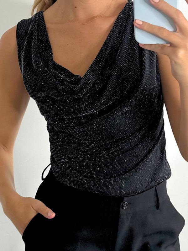 Style Cheat Ashton Metallic Lurex Slinky Top In Black