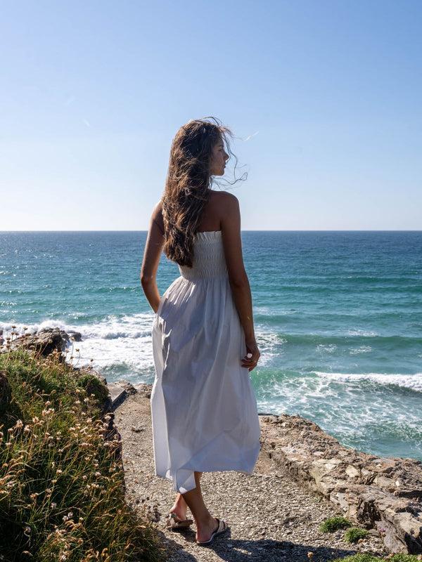 Style Cheat Betty Cotton Shirred Bandeau Dress In White