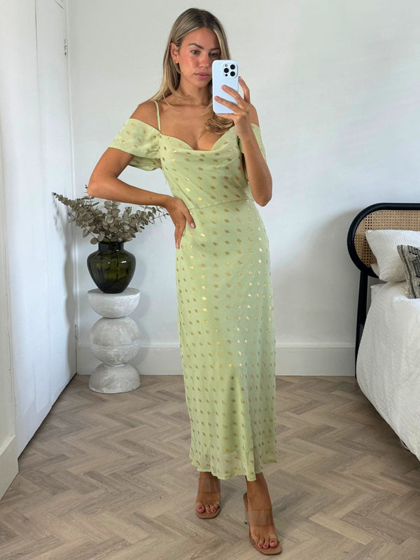 Style Cheat Brylee Cowl Neck Cold Shoulder Midaxi Dress In Sage & Gold