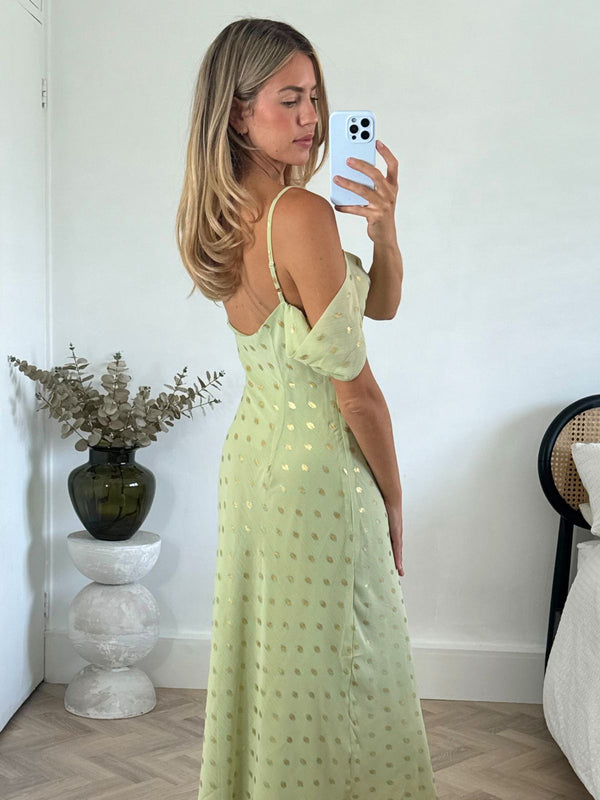 Style Cheat Brylee Cowl Neck Cold Shoulder Midaxi Dress In Sage & Gold