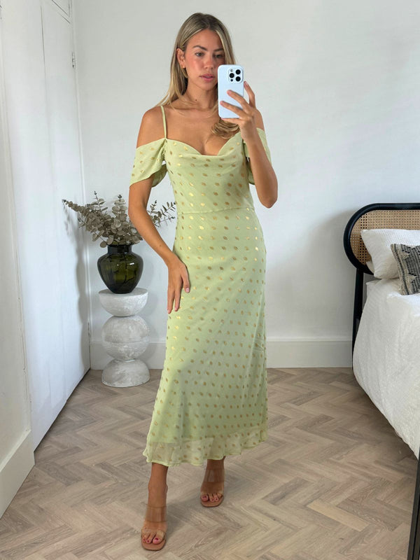 style cheat Brylee Cowl Neck Cold Shoulder Midaxi Dress in Sage & Gold