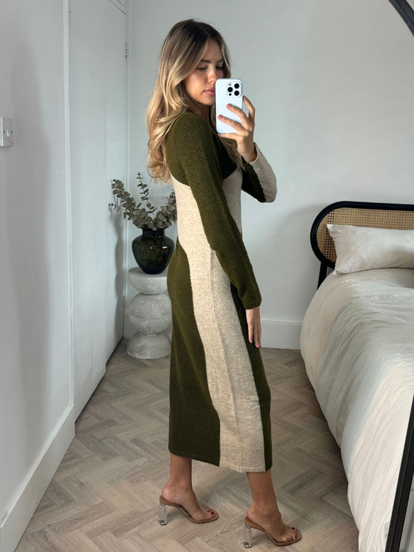 Style Cheat Brynn Knitted Colourblock Midaxi Dress In Stone & Khaki