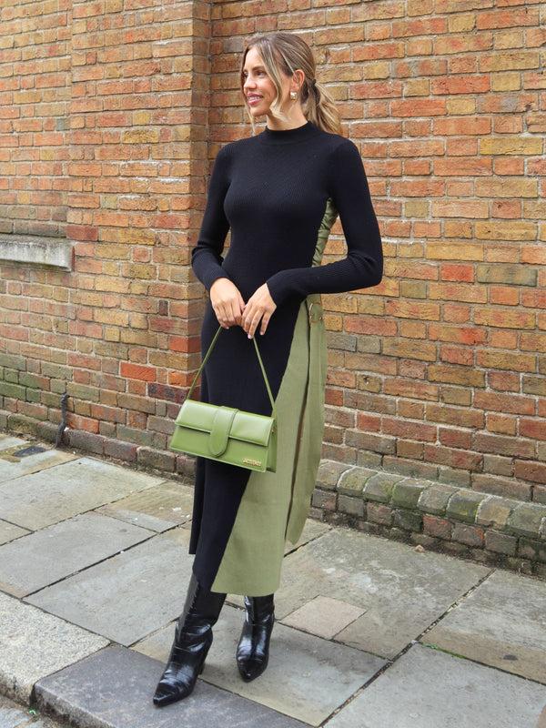 Style Cheat Caitlin Colourblock FIt & Flare Knitted Dress In Khaki And Black