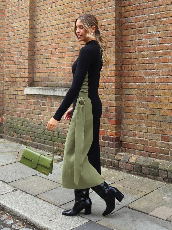 Style Cheat Caitlin Colourblock FIt & Flare Knitted Dress In Khaki And Black