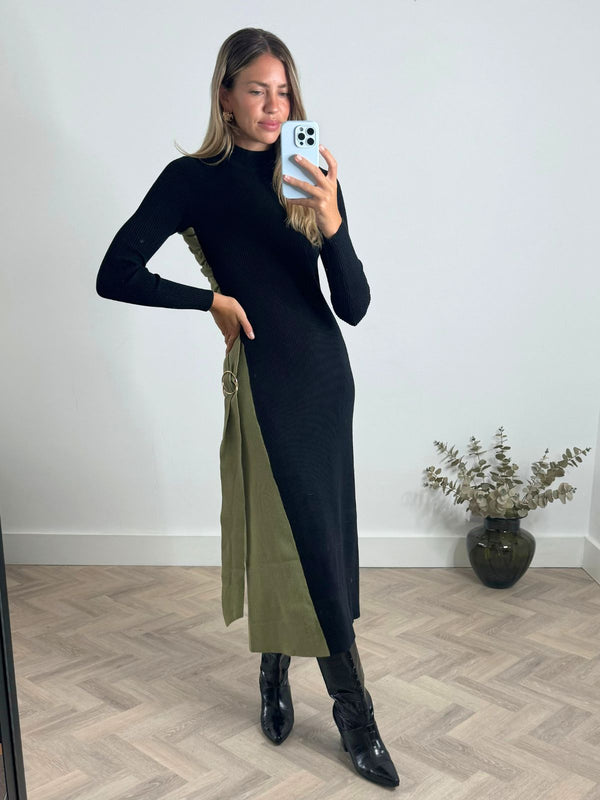 style cheat Caitlin Colourblock FIt & Flare Knitted Dress in Khaki and Black
