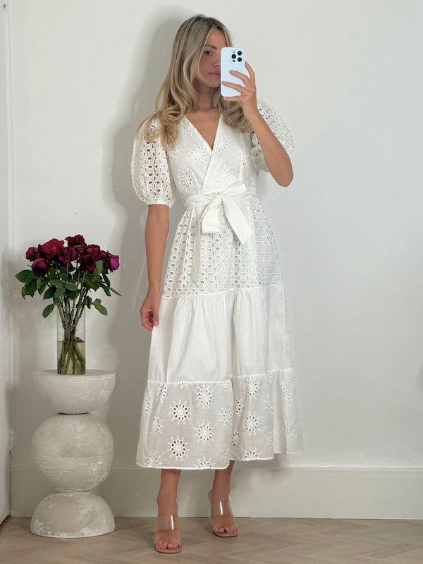 Style Cheat Claudia Puff Sleeve Broderie Midaxi Dress In White
