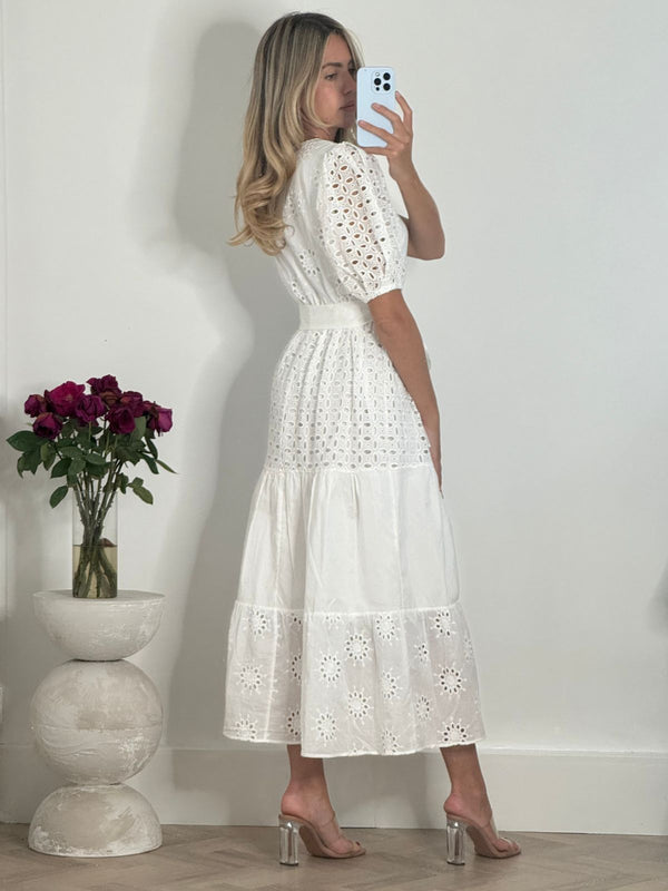 Style Cheat Claudia Puff Sleeve Broderie Midaxi Dress In White