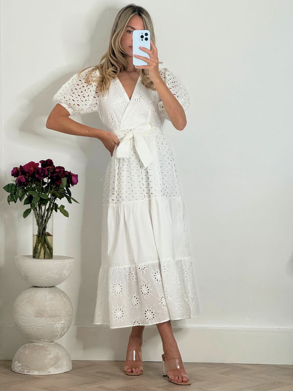 style cheat Claudia Puff Sleeve Broderie Midaxi Dress in White