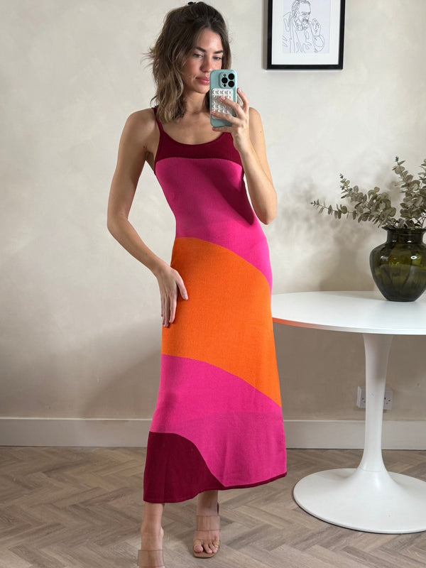 Style Cheat Colourblock Strappy Knitted Midi Dress In Orange & Pink
