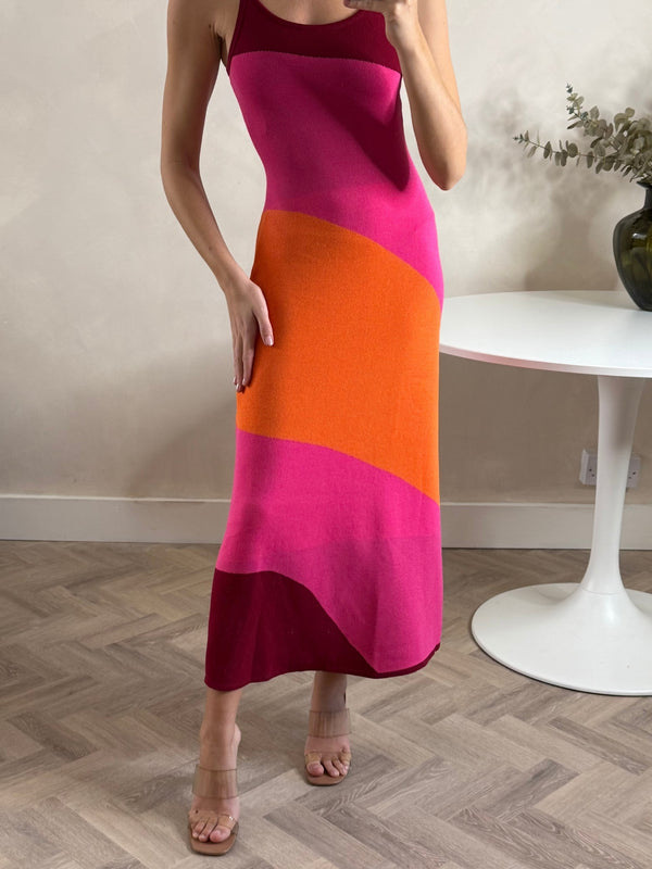 Style Cheat Colourblock Strappy Knitted Midi Dress In Orange & Pink