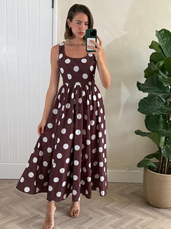 Style Cheat Davica Chocolate Brown And Cream Polka Dot Midi Dress
