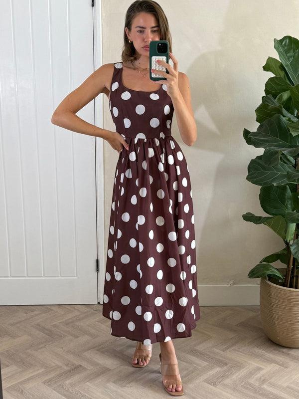 Style Cheat Davica Chocolate Brown And Cream Polka Dot Midi Dress