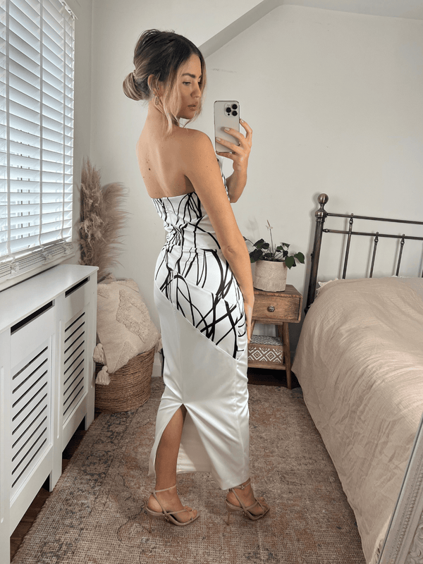 Style Cheat Gabby Frill Bandeau Midaxi Dress In Ivory And Navy Abstract Print