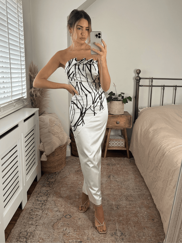 Style Cheat Gabby Frill Bandeau Midaxi Dress In Ivory And Navy Abstract Print