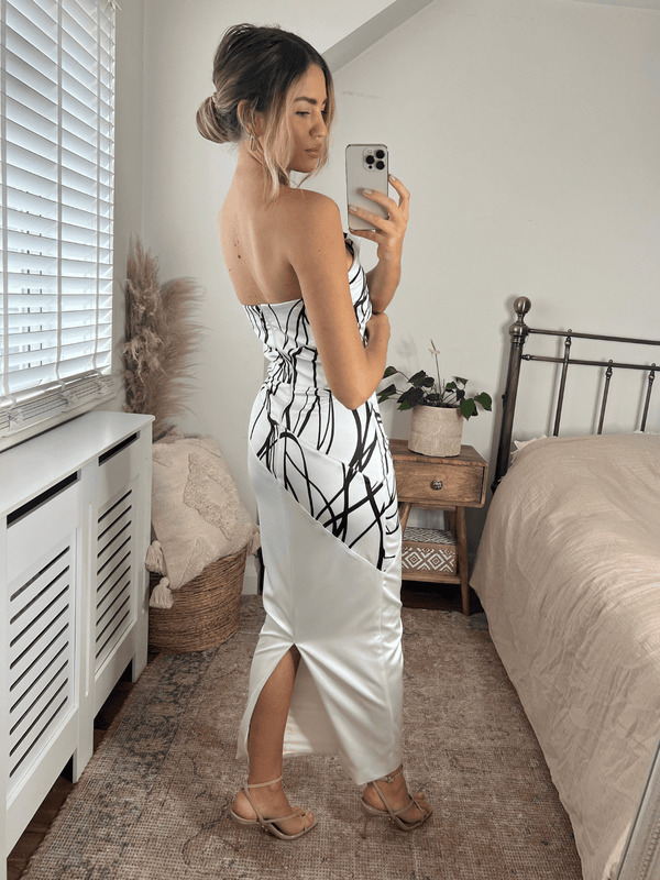 Style Cheat Gabby Frill Bandeau Midaxi Dress In Ivory And Navy Abstract Print