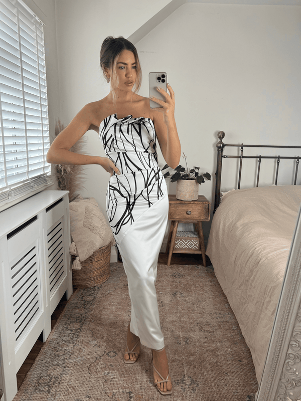 style cheat Gabby Frill Bandeau Midaxi Dress in Ivory and Navy Abstract Print