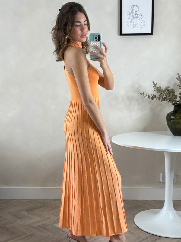 Style Cheat High Neck Pleated Maxi Dress In Orange Shimmer