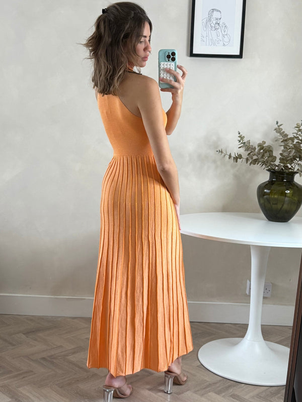 Style Cheat High Neck Pleated Maxi Dress In Orange Shimmer