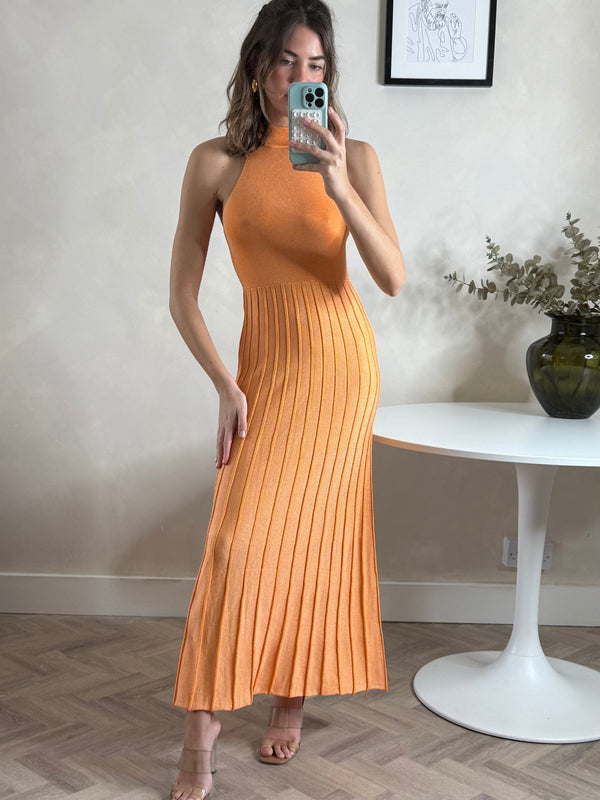 style cheat High Neck Pleated Maxi Dress in Orange Shimmer