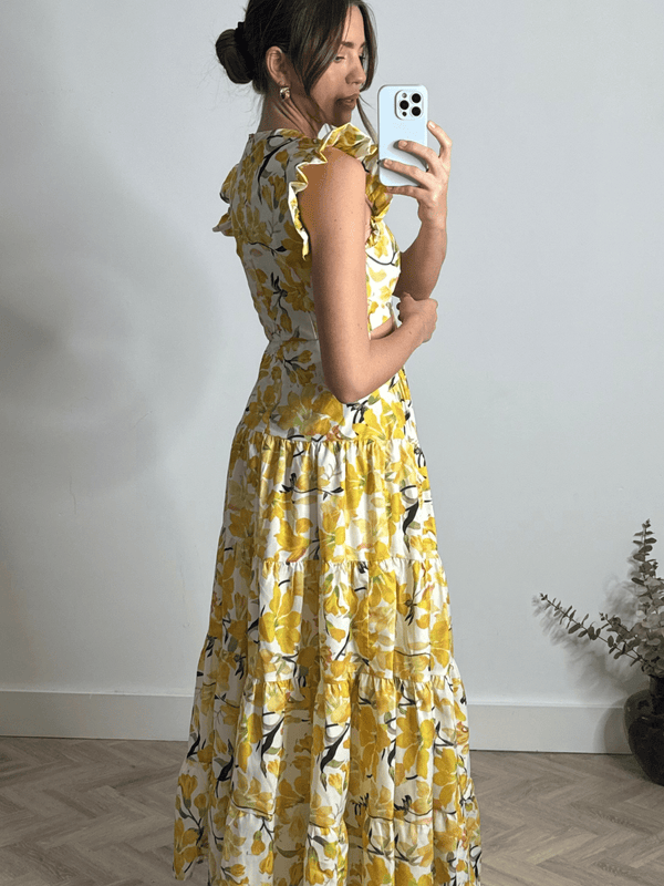 Style Cheat Indie Cut Out Frill Maxi Dress In Lemon Floral
