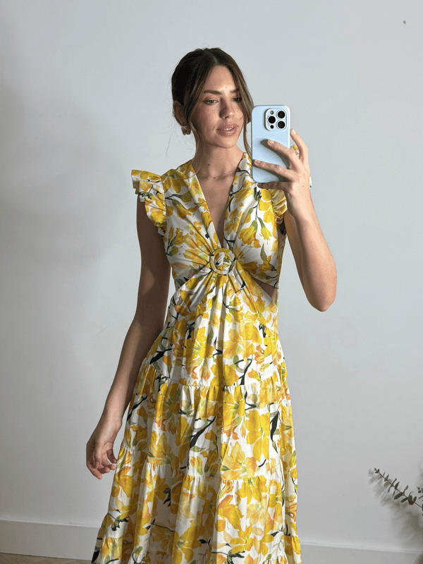 Style Cheat Indie Cut Out Frill Maxi Dress In Lemon Floral