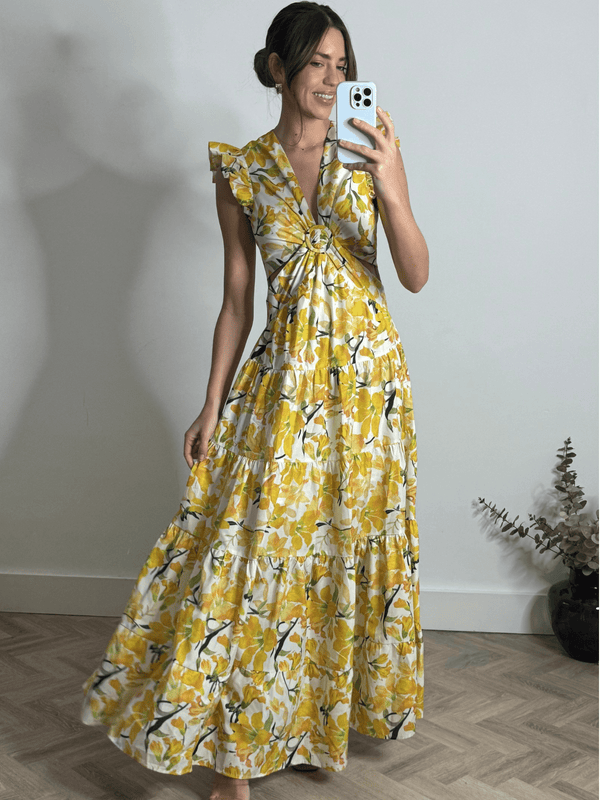 style cheat Indie Cut Out Frill Maxi Dress in Lemon Floral