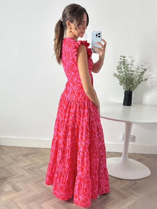 Style Cheat Indie Cut Out Frill Maxi Dress In Red & Pink
