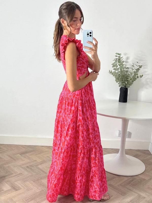 Style Cheat Indie Cut Out Frill Maxi Dress In Red & Pink