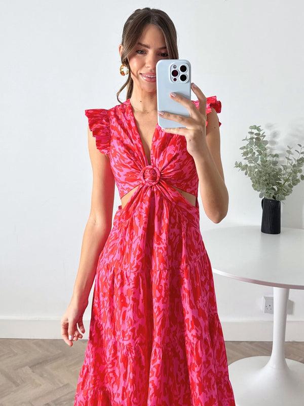 Style Cheat Indie Cut Out Frill Maxi Dress In Red & Pink