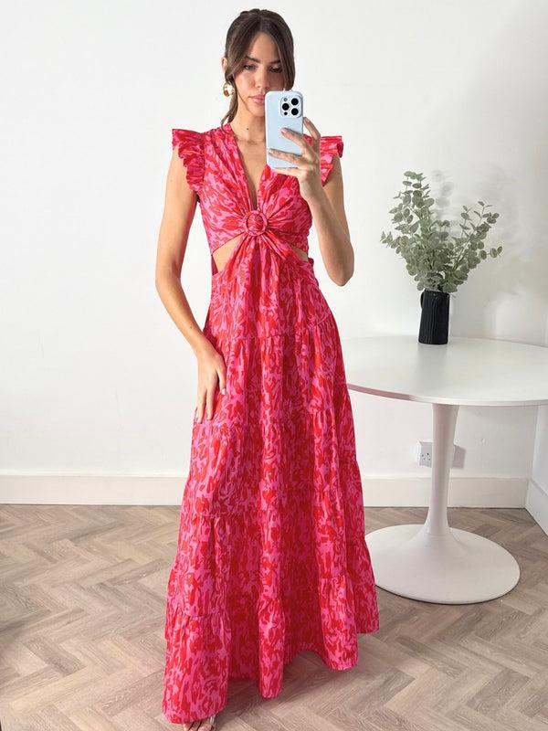 style cheat Indie Cut Out Frill Maxi Dress in Red & Pink