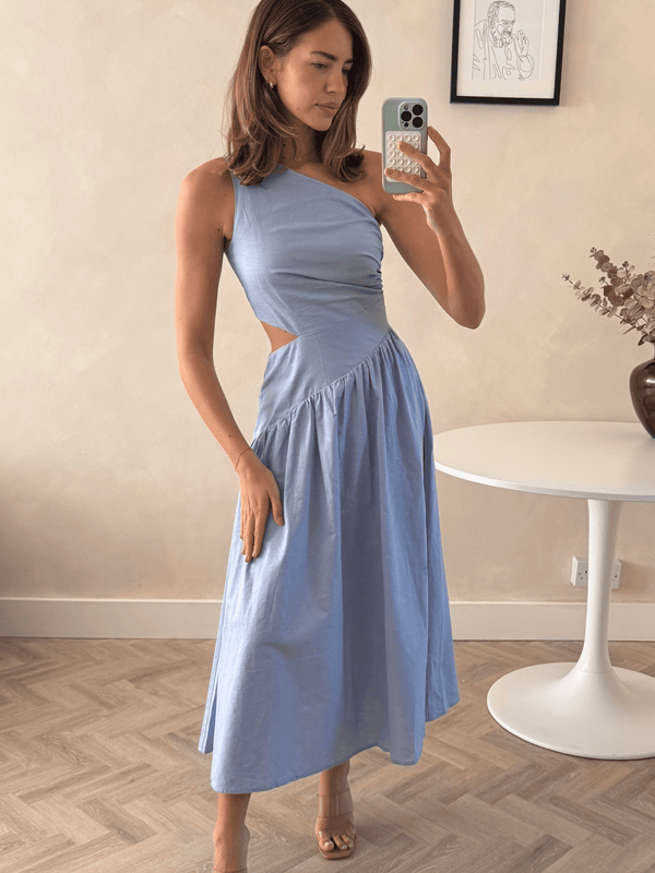 style cheat Jasmine Cut Out One Shoulder Dress in Baby Blue