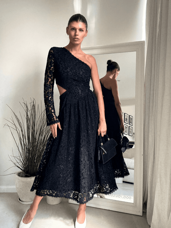 Style Cheat Jasmine Cut Out One Shoulder Dress In Black Lace