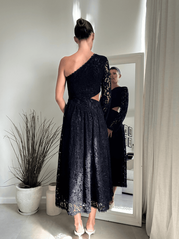 Style Cheat Jasmine Cut Out One Shoulder Dress In Black Lace