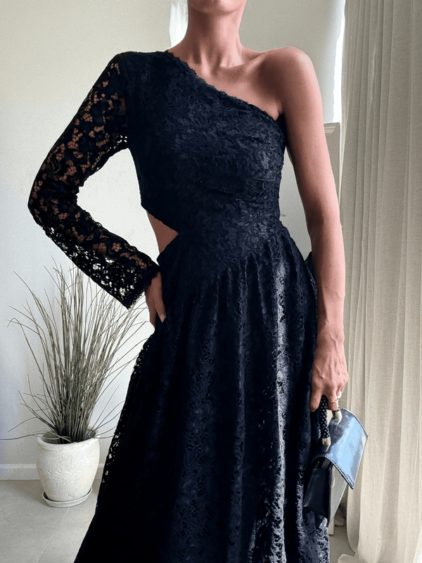 style cheat Jasmine Cut Out One Shoulder Dress in Black Lace