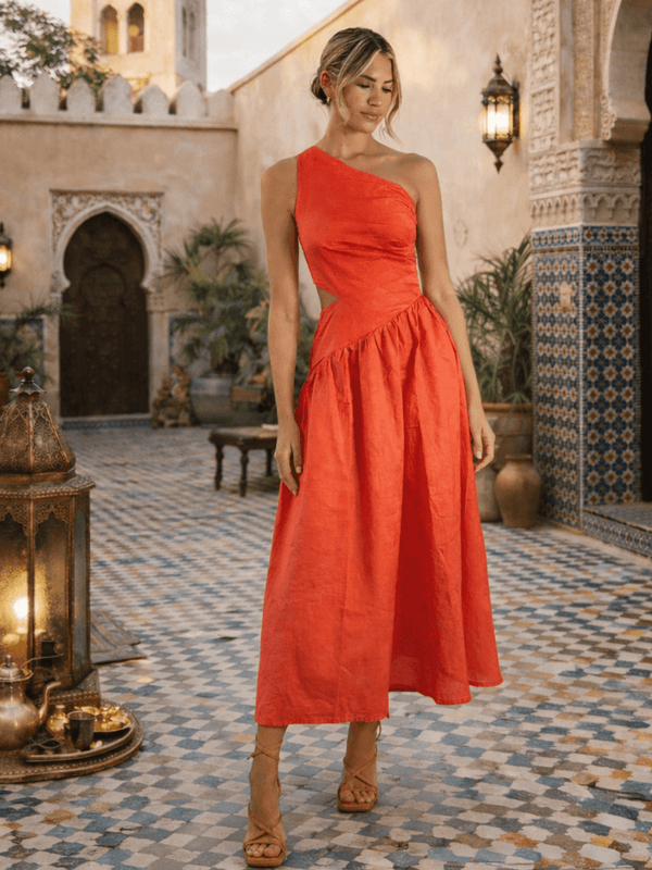 style cheat Jasmine Cut Out One Shoulder Dress in Coral